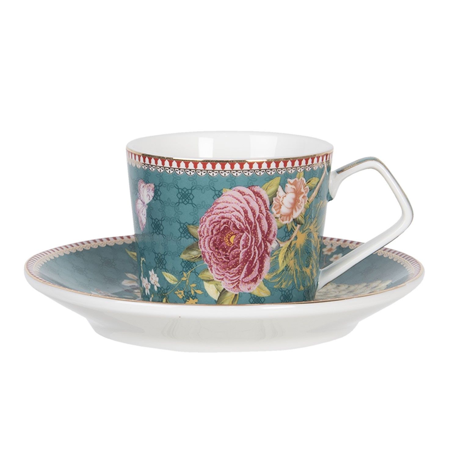 Barevný porcelánový šálek s podšálkem Paon – 11*8*6 / Ø 15*2 cm / 0.2L Clayre & Eef - LaHome - vintage dekorace