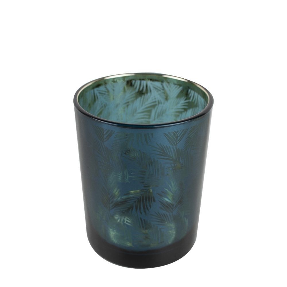 Petrolejový skleněný svícen na čajovou svíčku s palmovými listy – Ø 8*10cm Mars & More - LaHome - vintage dekorace