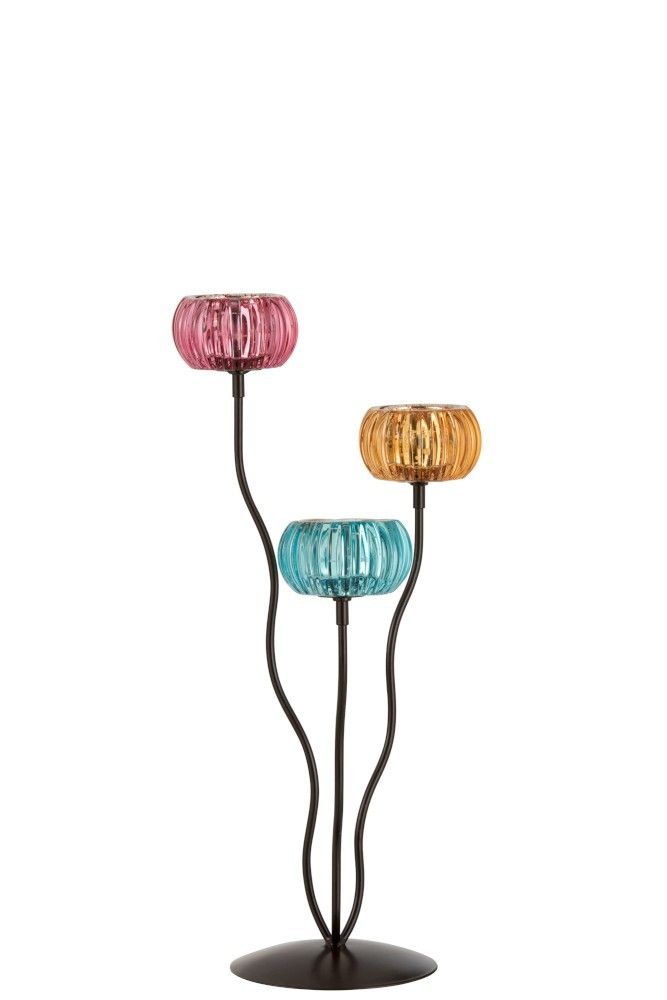 Kovový svícen na čajovou svíčku se třemi skleněnými barevnými miskami - 22*19*44 cm J-Line by Jolipa - LaHome - vintage dekorace