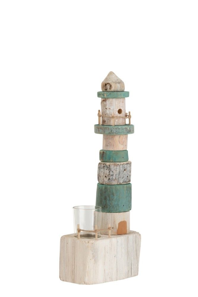 Dřevěný modro bílý svícen maják na jednu čajovou svíčku 14*9*38 cm J-Line by Jolipa - LaHome - vintage dekorace
