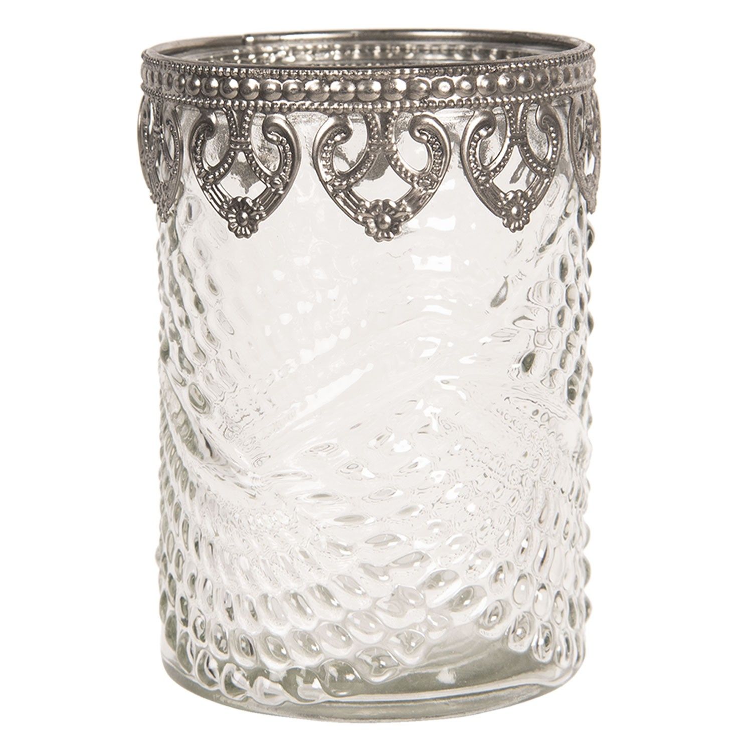 Skleněný transparentní svícen na čajovou svíčku s kovovým zdobením - Ø 8*12 cm Clayre & Eef - LaHome - vintage dekorace
