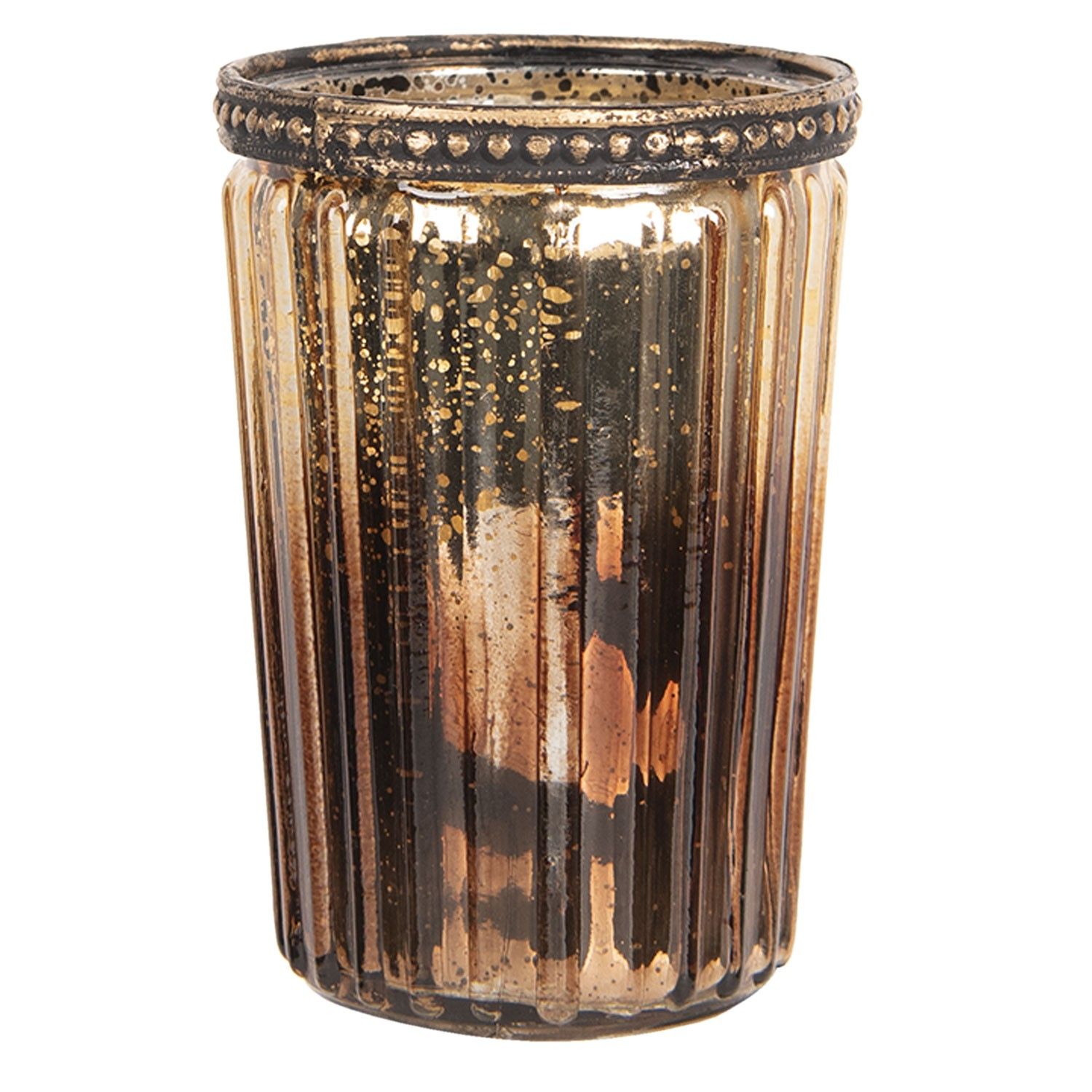 Hnědý skleněný svícen na čajovou svíčku s kovovým zdobením  - Ø  7*10 cm Clayre & Eef - LaHome - vintage dekorace