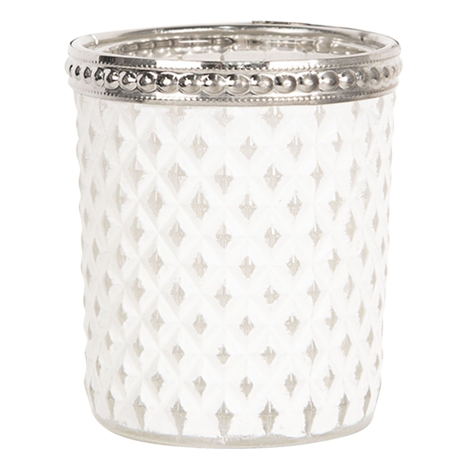 Bílý skleněný svícen na čajovou svíčku s kovovým zdobením - Ø  6*7 cm Clayre & Eef - LaHome - vintage dekorace
