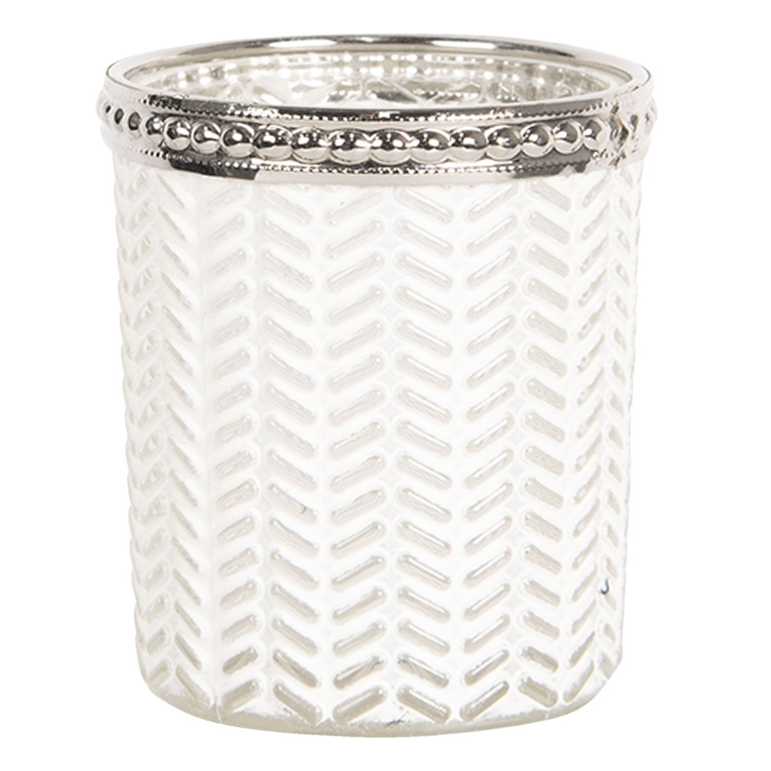 Bílý skleněný svícen na čajovou svíčku s kovovým zdobením - Ø 6*7 cm Clayre & Eef - LaHome - vintage dekorace