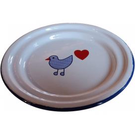 Bílý smaltovaný dezertní talířek s ptáčkem Vogel - Ø 18cm  Münder Email