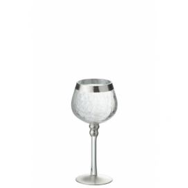 Menší skleněný  transparentní svícen na nožičce na čajovou svíčku  se stříbrným zdobením  - Ø 9*20 cm J-Line by Jolipa