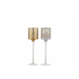 Skleněné svícny Rhombus šedý a zlatý na čajovou svíčku  na nožičkach  - 7*7*25 cm J-Line by Jolipa