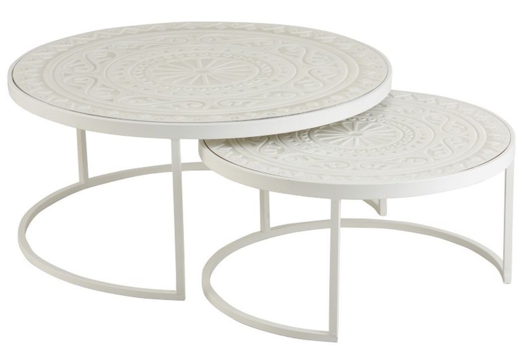 Set 2 bílých kovových stolků s ornamentovou deskou - Ø79*36 cm J-Line by Jolipa - LaHome - vintage dekorace