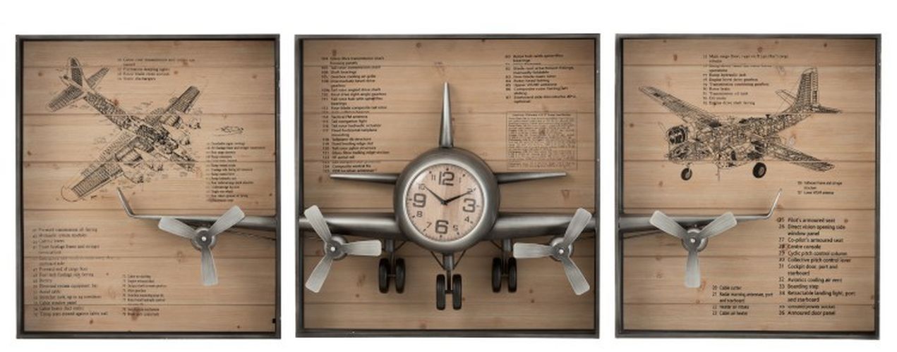 3 dřevěné nástěnné desky s hodinami a 3D letadlem - 207*12*75 cm  J-Line by Jolipa - LaHome - vintage dekorace