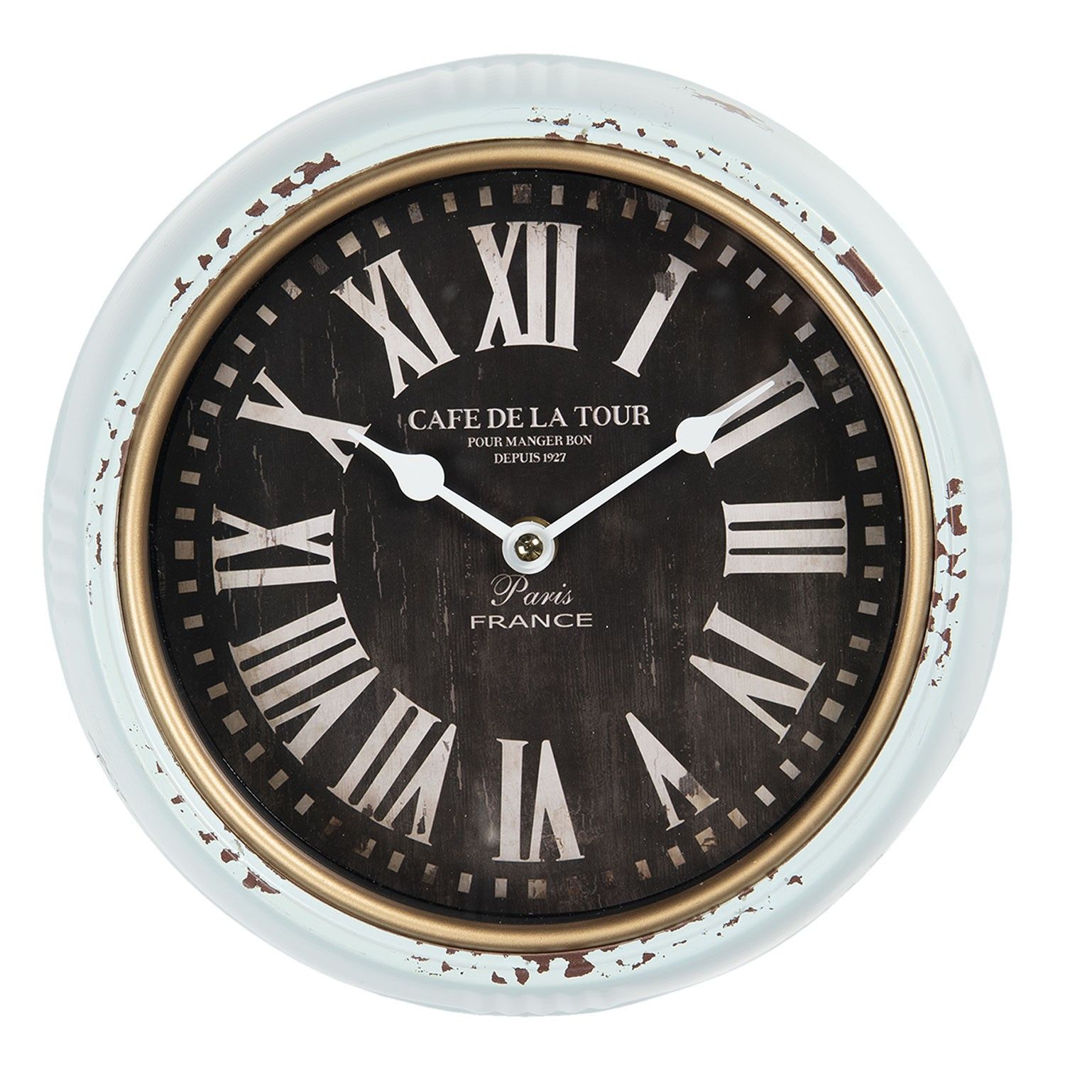 Mintové vintage nástěnné hodiny s patinou Cafe De La Tour – Ø 24 *3 cm / 1*AA Clayre & Eef - LaHome - vintage dekorace