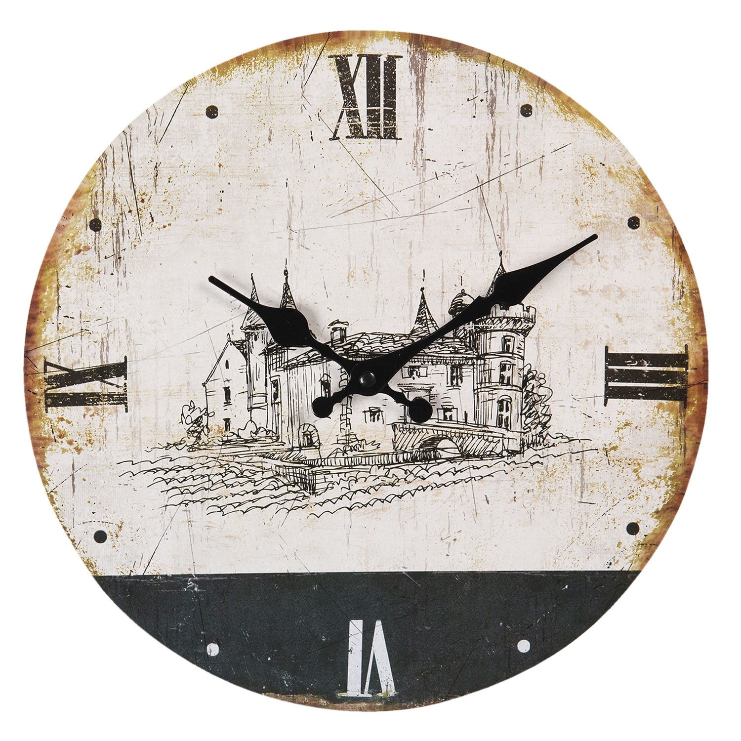 Vintage nástěnné hodiny se zámkem a patinou – Ø 30*3 cm / 1*AA Clayre & Eef - LaHome - vintage dekorace