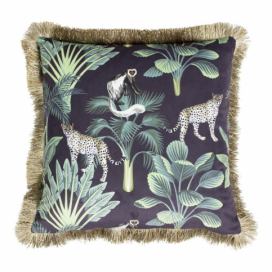 Černý sametový polštář s třásněmi Jungle - 45*45*10cm Mars & More LaHome - vintage dekorace
