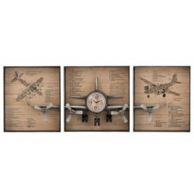 3 dřevěné nástěnné desky s hodinami a 3D letadlem - 207*12*75 cm  J-Line by Jolipa