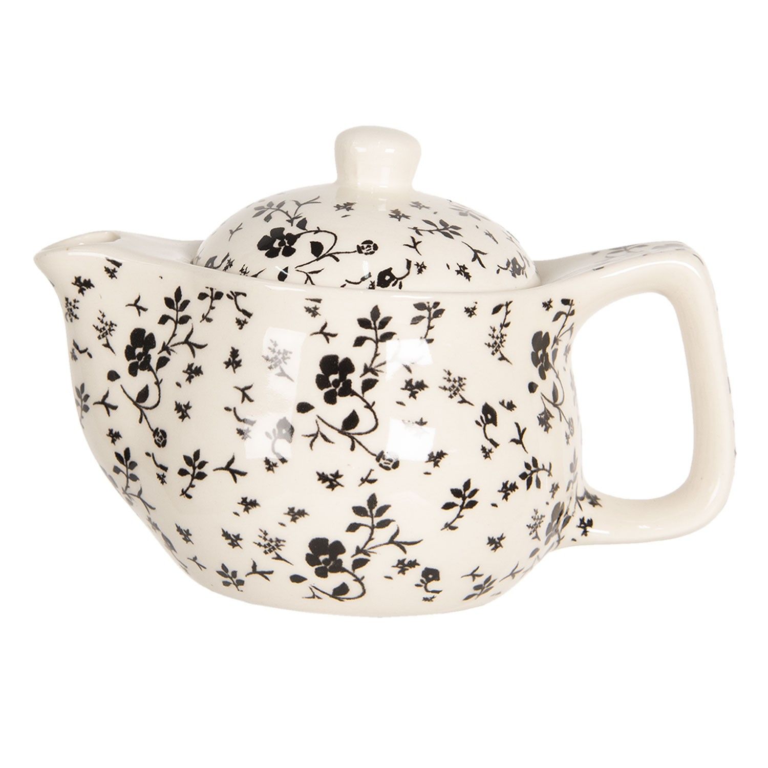 Konvička na čaj s drobnými černými květy - Ø 16*11 cm / 0,4L Clayre & Eef - LaHome - vintage dekorace