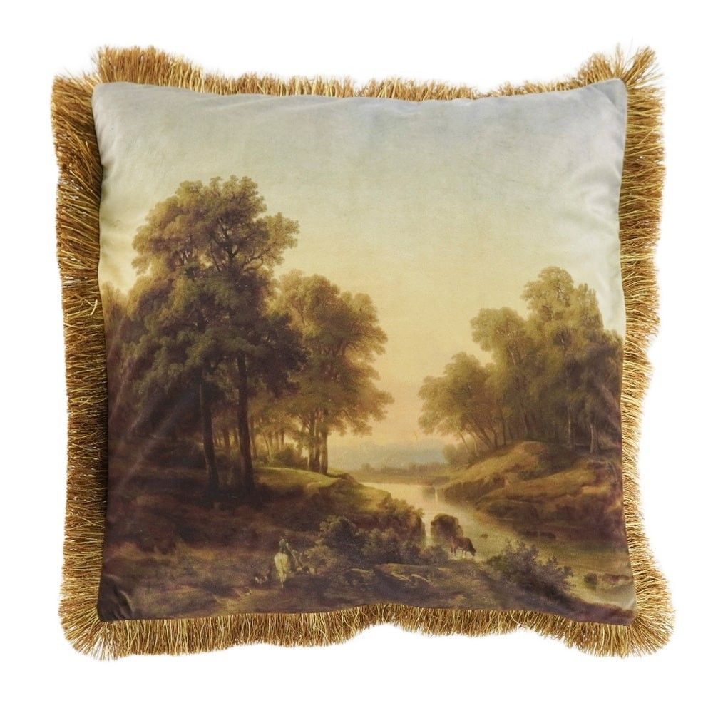 Sametový polštář s krajinou a zlatými třásněmi  - 45*45*10cm Mars & More - LaHome - vintage dekorace
