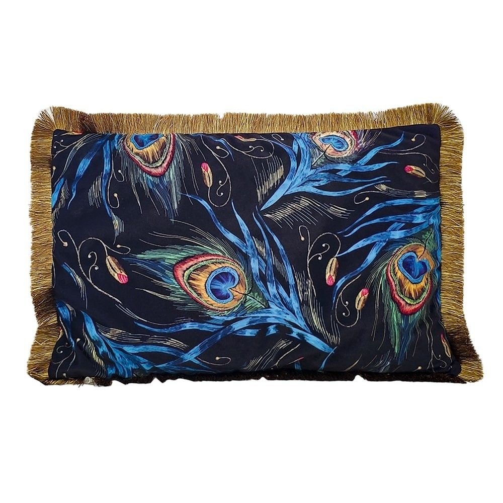 Sametový polštář s pavími pery a zlatými třásněmi - 40*60*10cm Mars & More - LaHome - vintage dekorace