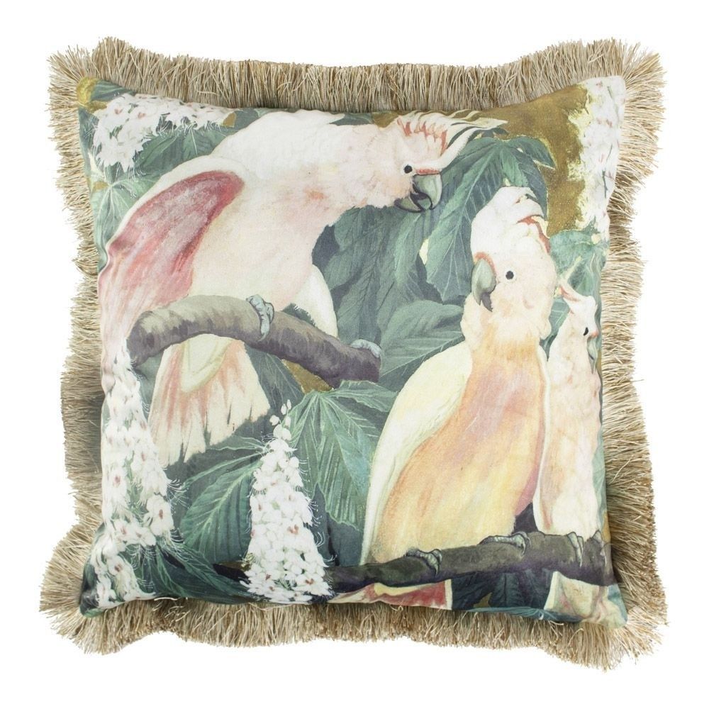 Sametový polštář s papoušky Kakadu se zlatými třásněmi - 45*45*10cm Mars & More - LaHome - vintage dekorace