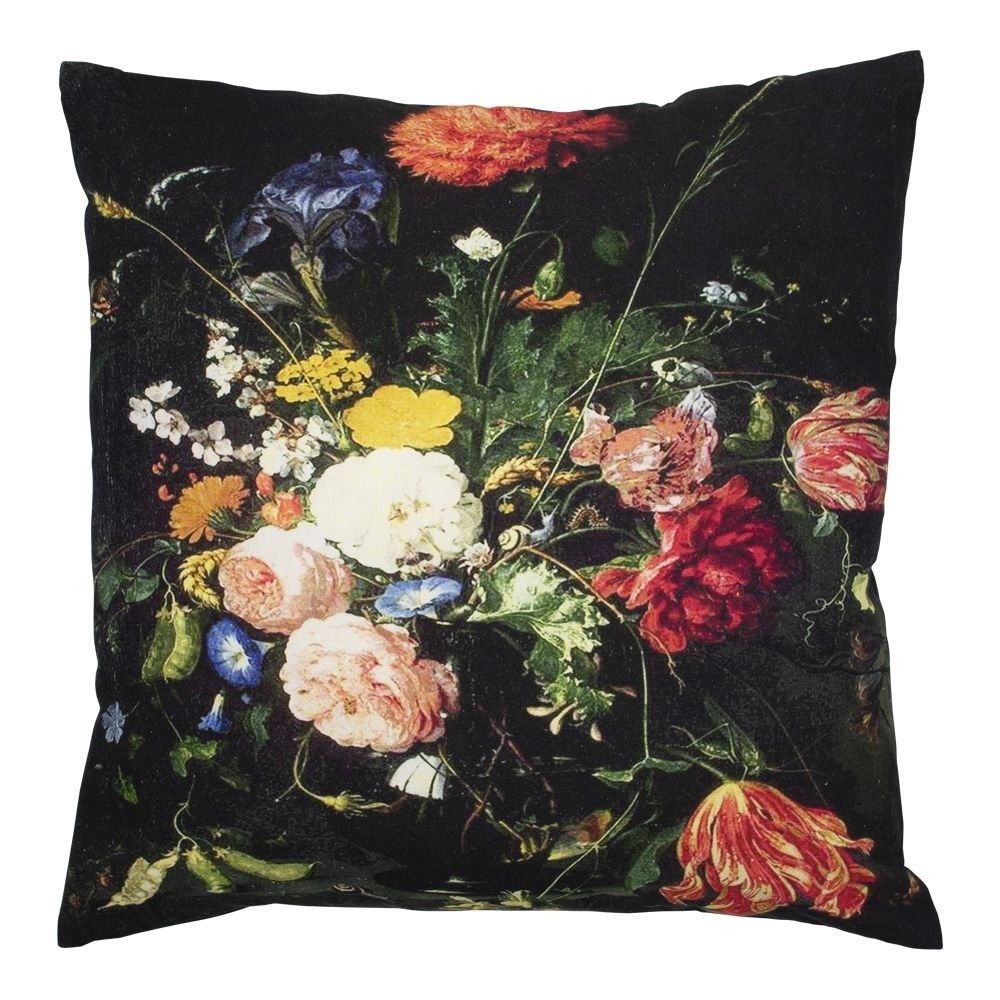 Černý plátěný polštář s květy  Jan Davidsz - 50*10*50cm Mars & More - LaHome - vintage dekorace