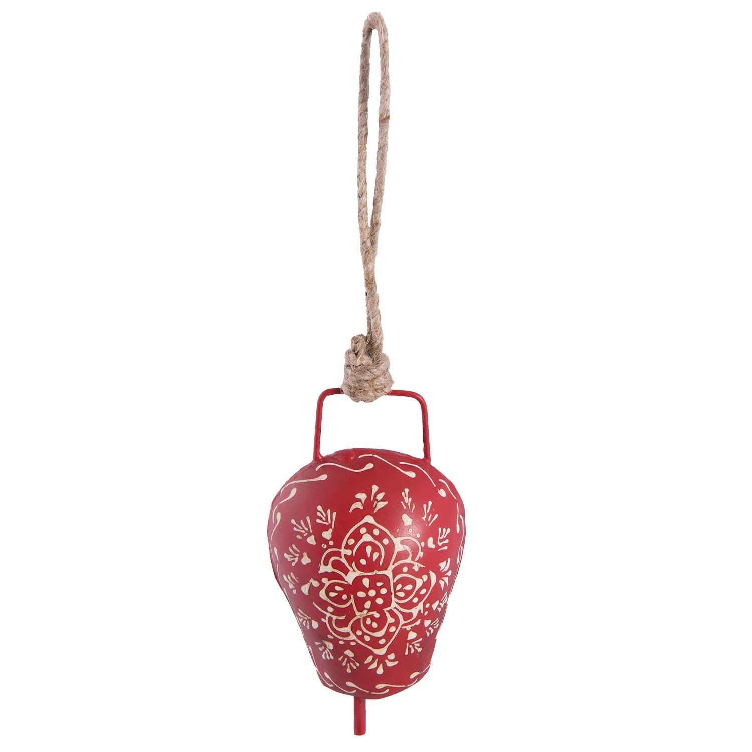 Červený plechový zvonek s kytičkou  - 20*12*6 cm  Clayre & Eef - LaHome - vintage dekorace