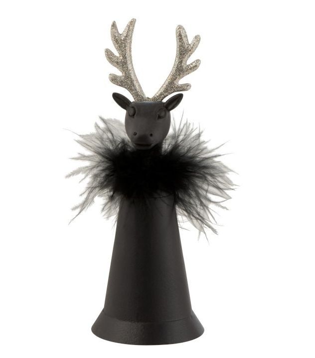 Černý plechový zvonek s peříčky a hlavou jelena - Ø 7*18 cm J-Line by Jolipa - LaHome - vintage dekorace