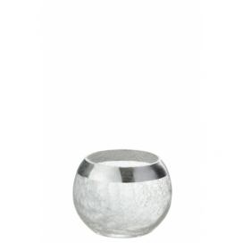 Transparentní skleněný kulatý svicen na čajovou svíčku se stříbrným zdobením - Ø  10,5*7 cm J-Line by Jolipa