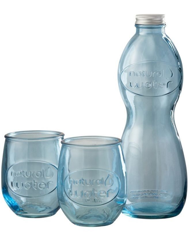 Modrá skleněná láhev a 2skleničky Natural - Ø 10*26cm J-Line by Jolipa - LaHome - vintage dekorace