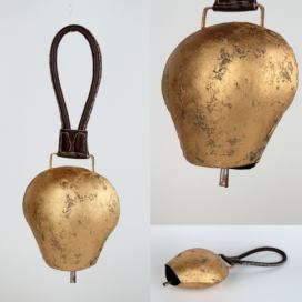 Kravský zvon velký zlatý kožená rukojeť 38cm