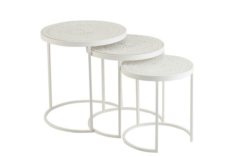 Set 3 bílých kovových stolků s ornamentovou deskou - Ø46*50 cm - LaHome - vintage dekorace