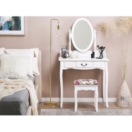 Toaletní stolek 1 zásuvka, oválné zrcadlo a bílá stolička SOLEIL