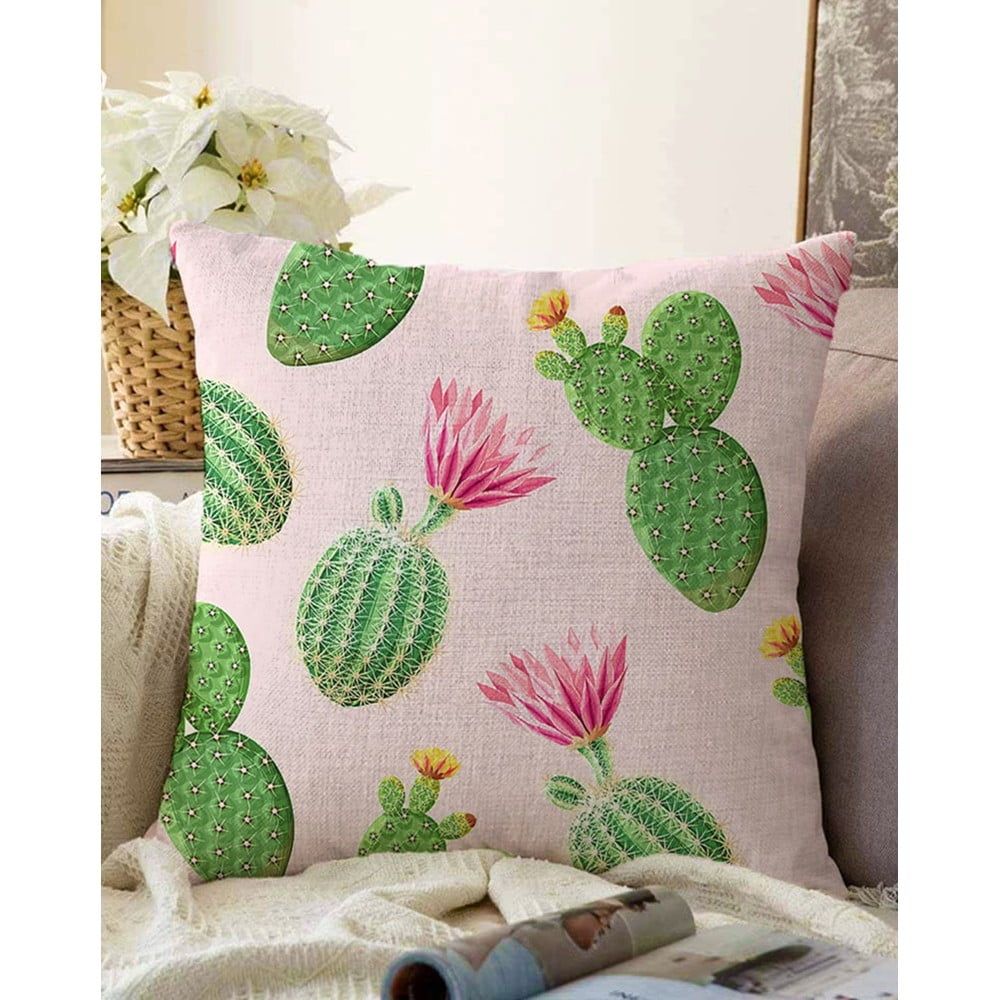 Růžovo-zelený povlak na polštář s příměsí bavlny Minimalist Cushion Covers Blooming Cactus, 55 x 55 cm - Bonami.cz