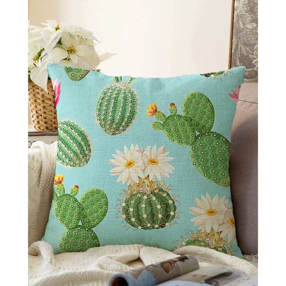 Modro-zelený povlak na polštář s příměsí bavlny Minimalist Cushion Covers Blooming Cactus, 55 x 55 cm - Bonami.cz