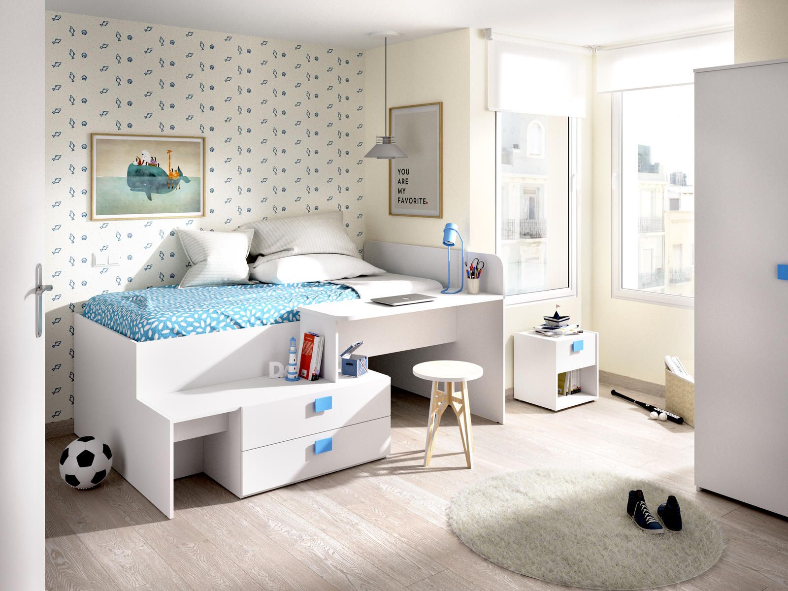 Aldo Kompaktní dětská postel Chic, white-blue - Nábytek ALDO