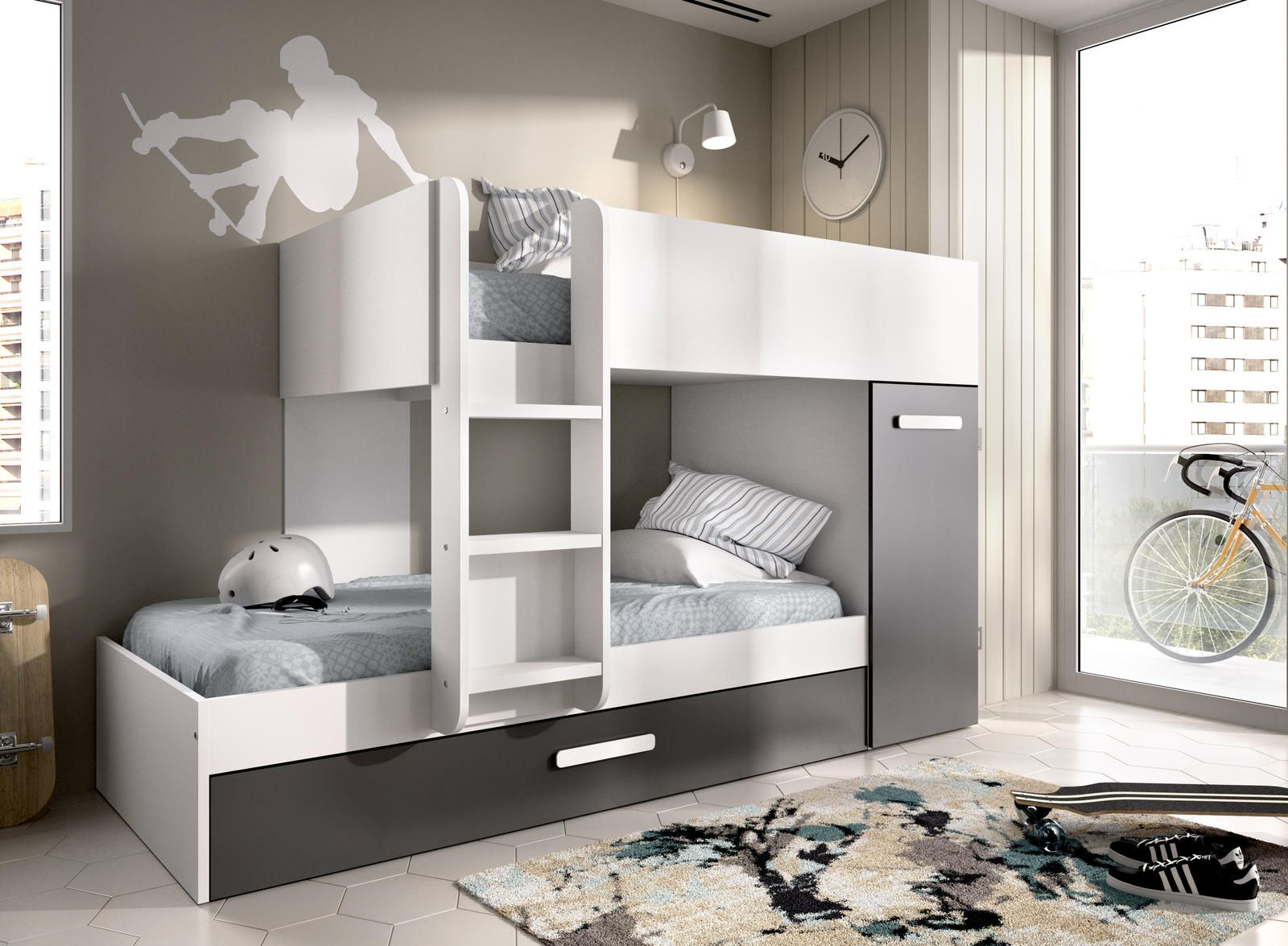 Aldo Patrová postel pro dvě i tři děti Tom, white-graphite - Nábytek ALDO