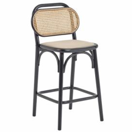 Kave Home Černá dubová barová židle LaForma Doriane s ratanovým opěradlem 65 cm