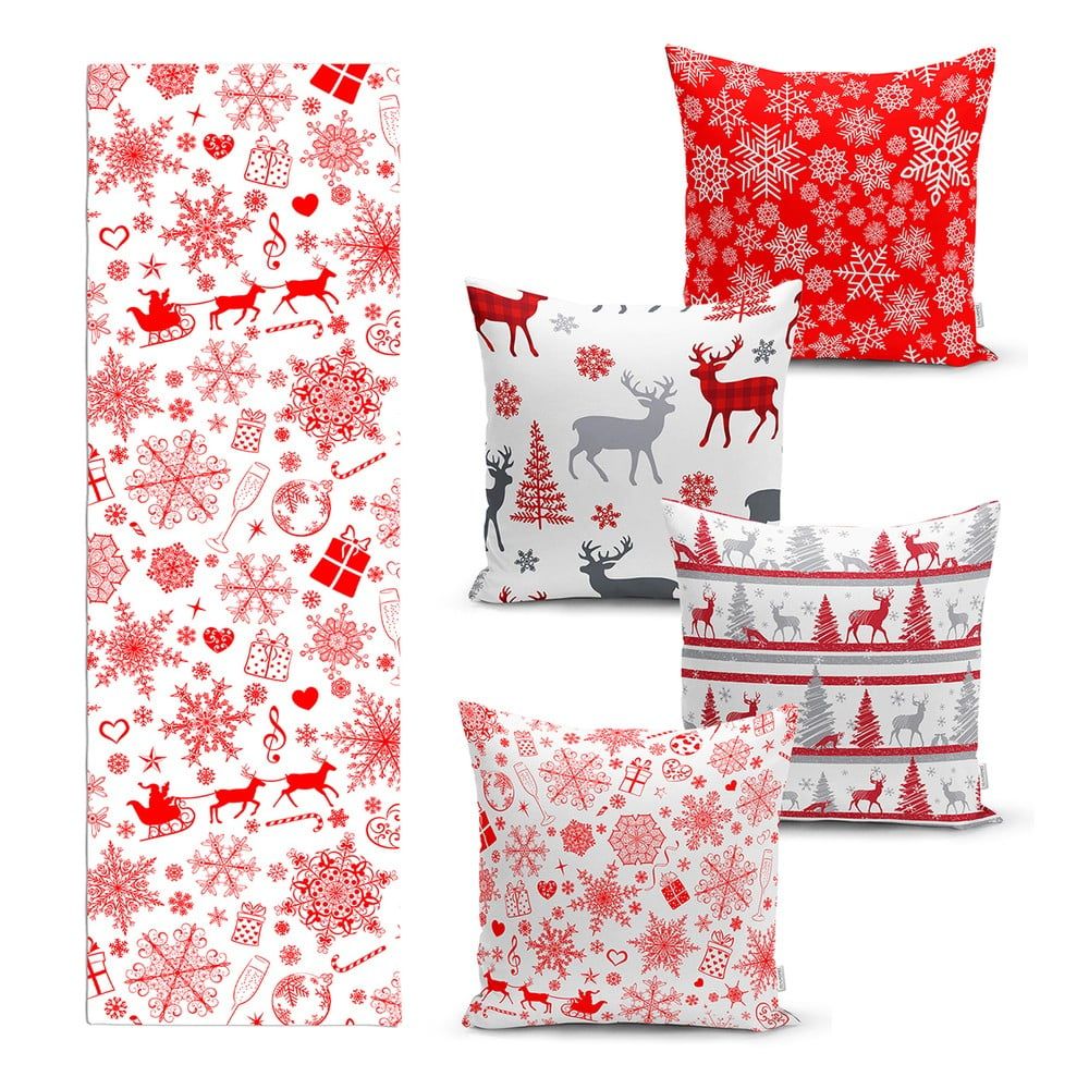 Sada 4 vánočních povlaků na polštář a běhounu na stůl Minimalist Cushion Covers Red Snowflake - Bonami.cz