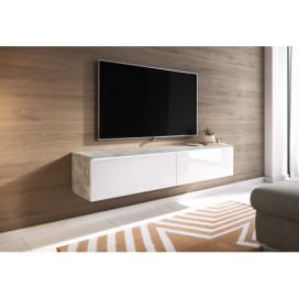 TV stolek MENDES D 140, 140x30x32, beton/bílá lesk + LED