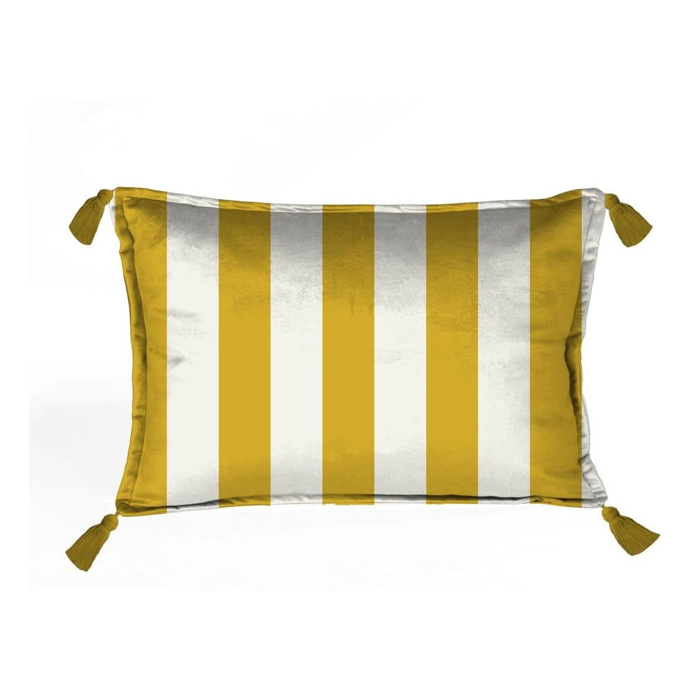 Bílý sametový polštář s pruhy ve zlaté barvě Velvet Atelier Borlas, 50 x 35 cm - Bonami.cz