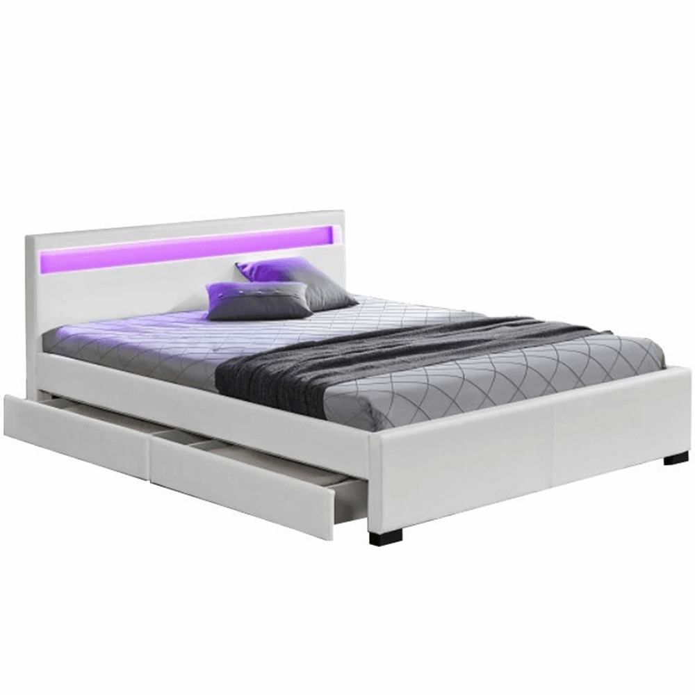  Manželská postel s úložným prostorem, RGB LED osvětlení, bílá ekokůže, 180x200, CLARETA - Mobler.cz