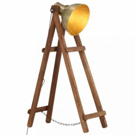 Stojací lampa kov / dřevo Dekorhome Mosaz