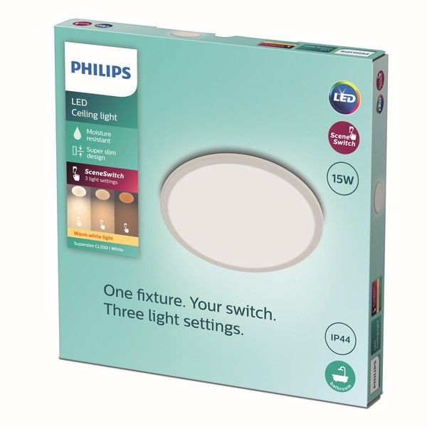 Philips 8719514327184 Super Slim CL550 stropní svítidlo LED D250mm 15W/1300lm 2700K IP44 bílá SceneSwitch - Svítidla FEIM