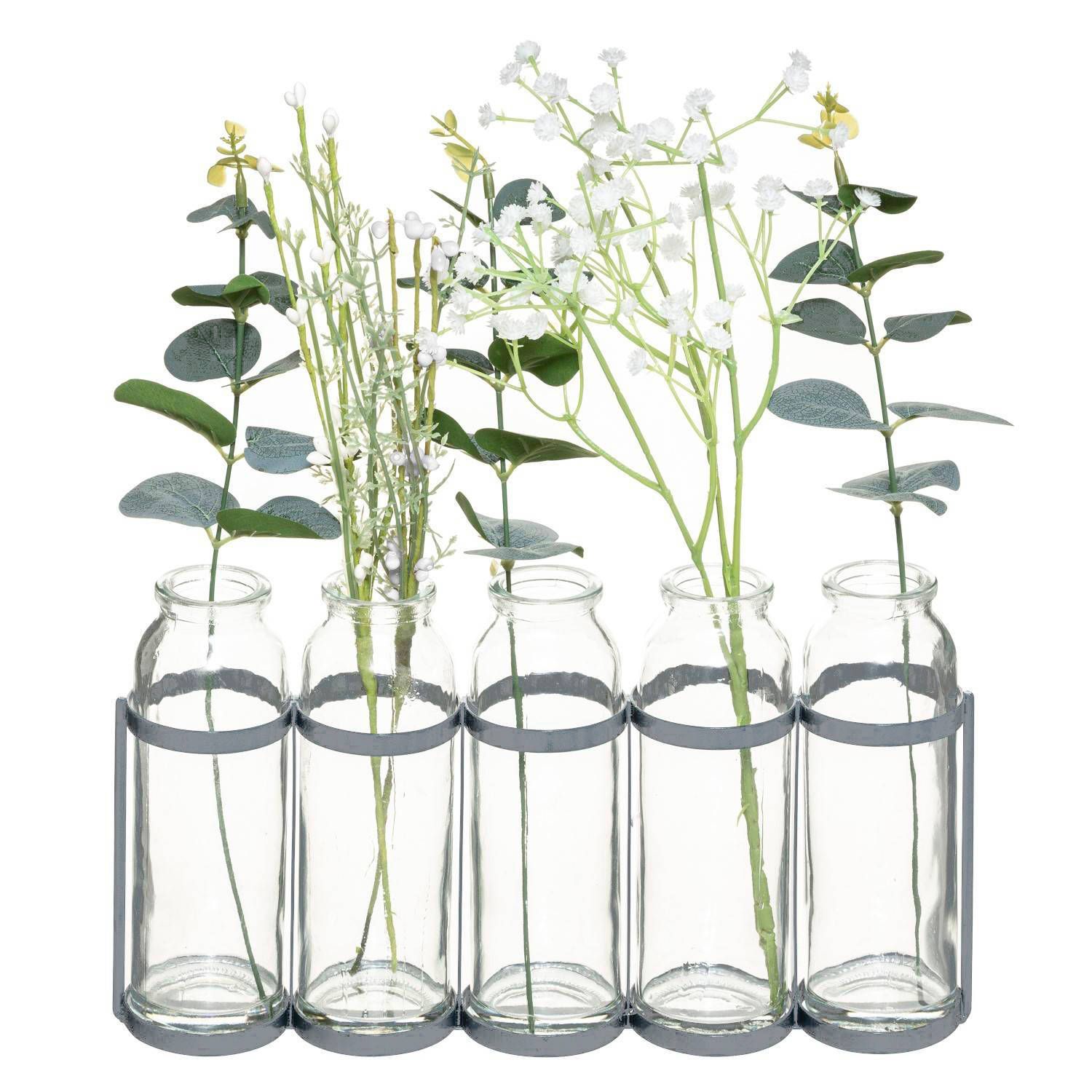 Atmosphera Skleněné vázy v kovovém stojanu s umělými květinami, šedá barva - EMAKO.CZ s.r.o.