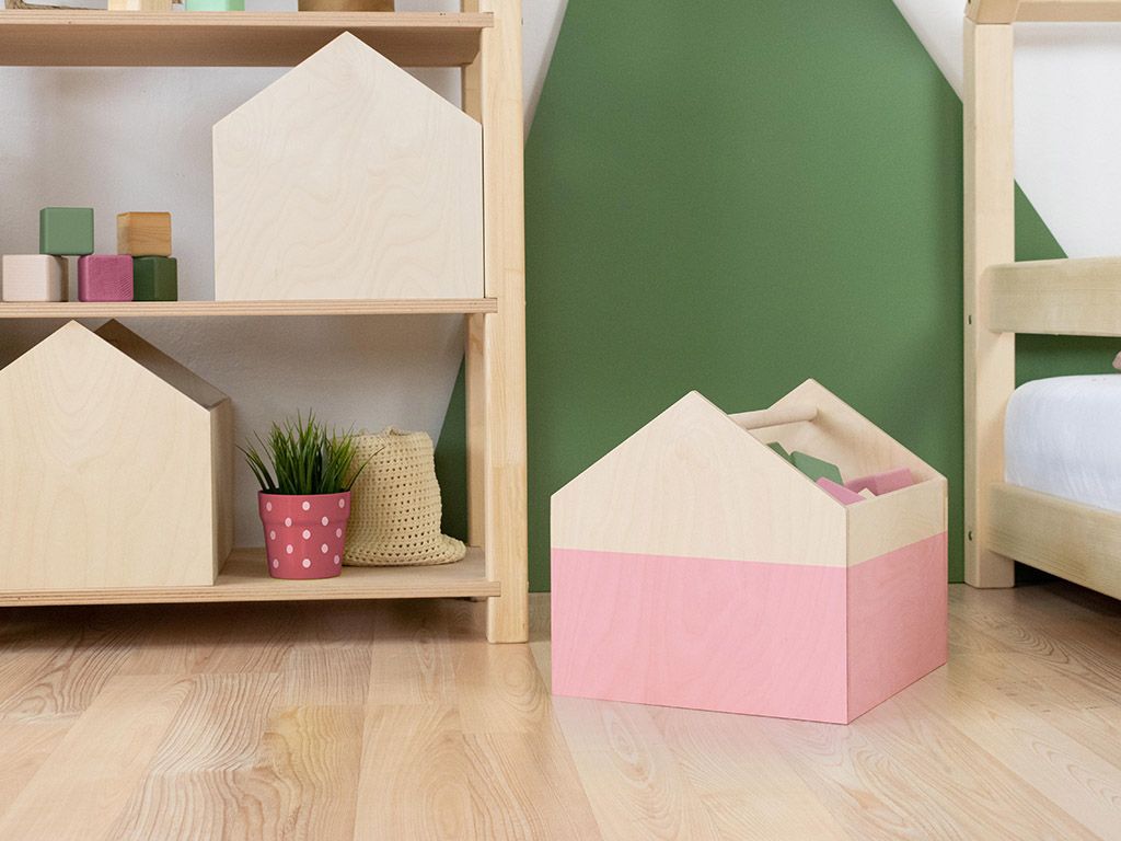 Benlemi Dřevěný úložný box HOUSE ve tvaru domečku Zvolte barvu: Růžová, pololakovaná - Benlemi.cz