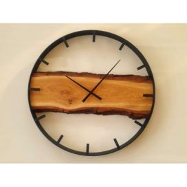Dřevěné nástěnné hodiny KAYU 28 Dub přírodní s kůrou v Loft stylu Černý 70 cm