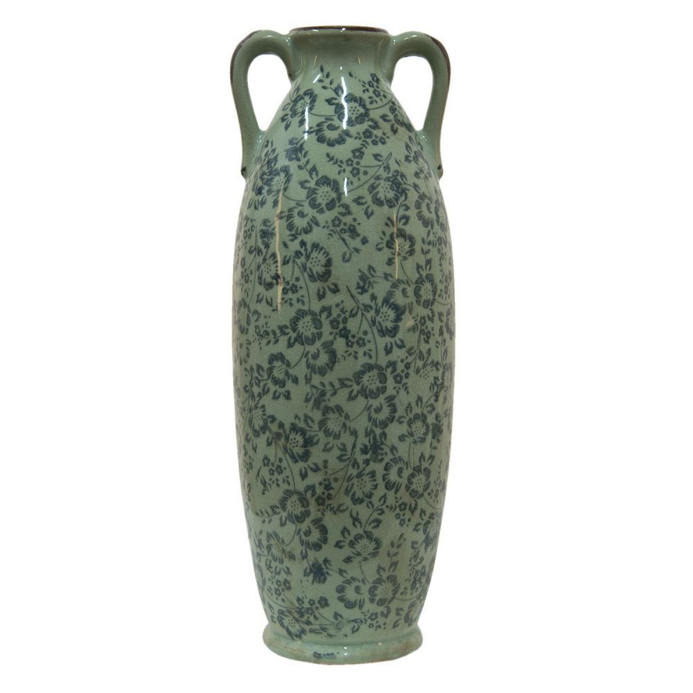 Zelená dekorační váza s modrými květy Minty - Ø 16*45 cm Clayre & Eef - LaHome - vintage dekorace