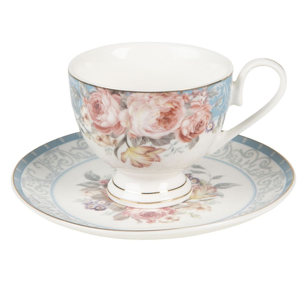 Porcelánový šálek s podšálkem Peony Rosé  - Ø 9*8 / Ø 15*2 cm / 200 ml Clayre & Eef - LaHome - vintage dekorace