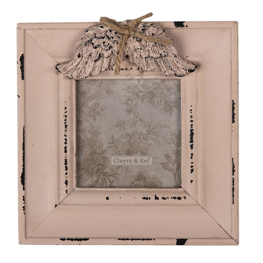 Růžový čtvercový dřevěný fotorámeček s křídly - 14*2*14 cm / 7*7 cm Clayre & Eef - LaHome - vintage dekorace