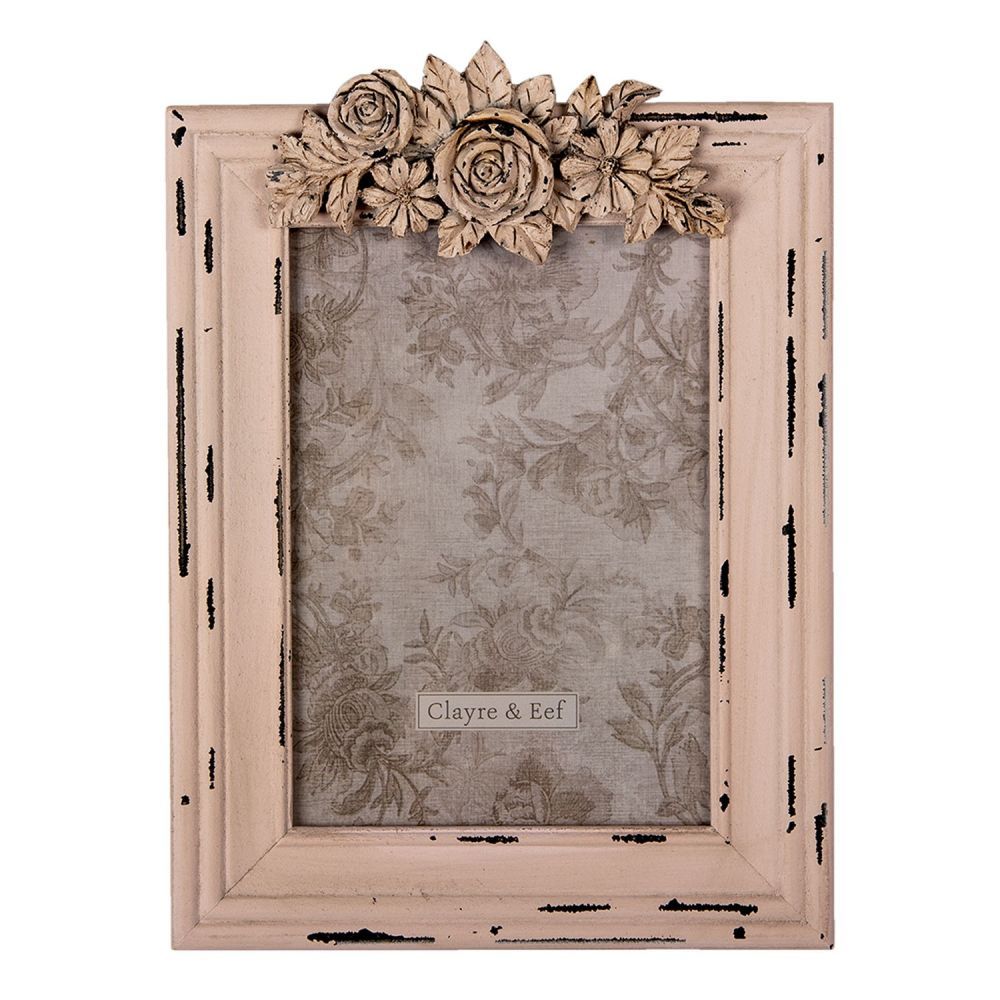 Růžový dřevěný fotorámeček s květinou - 19*3*26 cm / 13*18 cm Clayre & Eef - LaHome - vintage dekorace