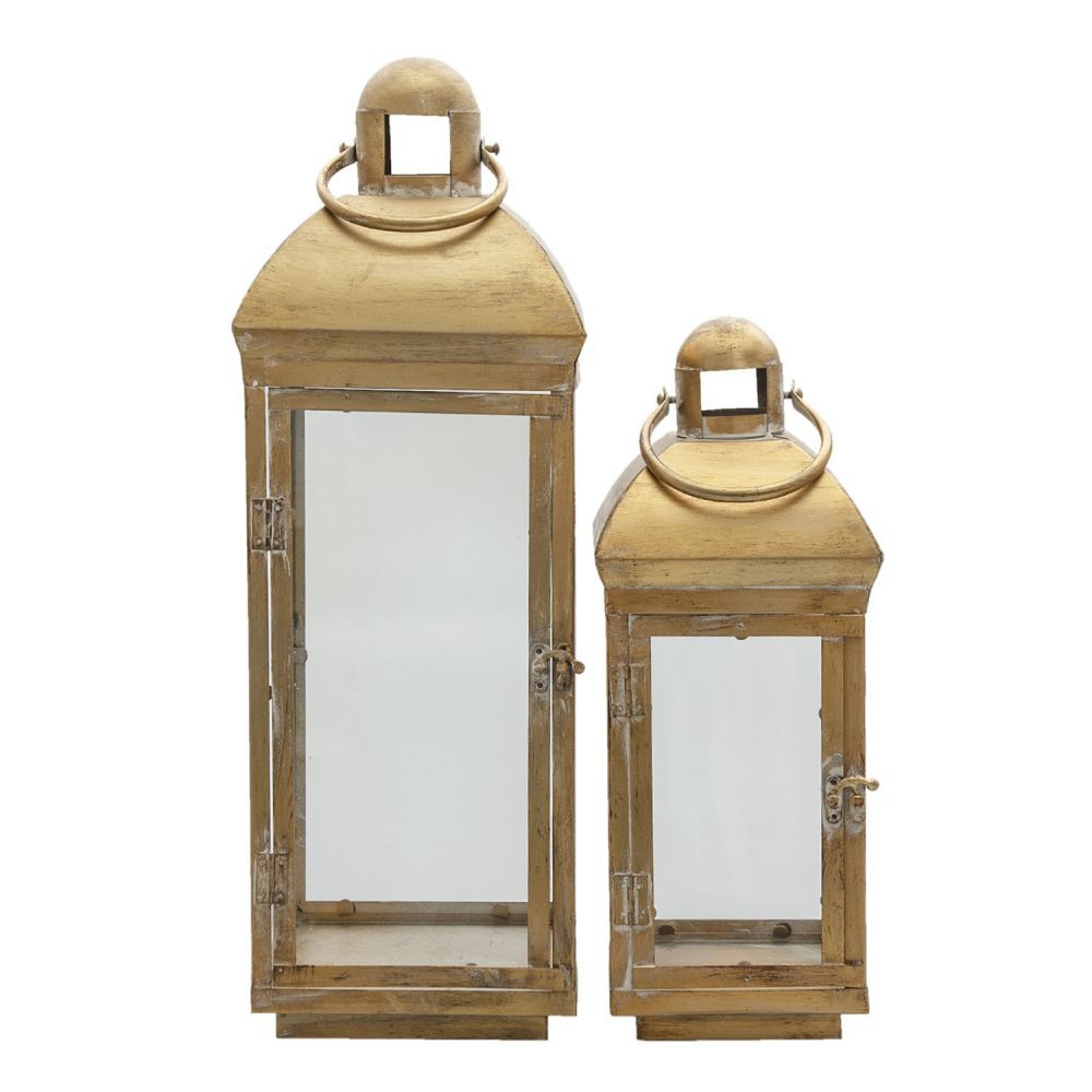 Sada 2ks zlatá kovová lucerna s patinou Aurelie - 20*20*58 cm / 16*16*42 cm Clayre & Eef - LaHome - vintage dekorace