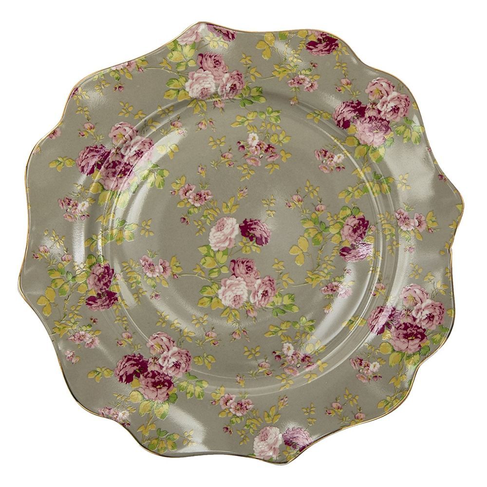 Velký porcelánový zelený talíř s květy Rose - Ø 28*2 cm Clayre & Eef - LaHome - vintage dekorace