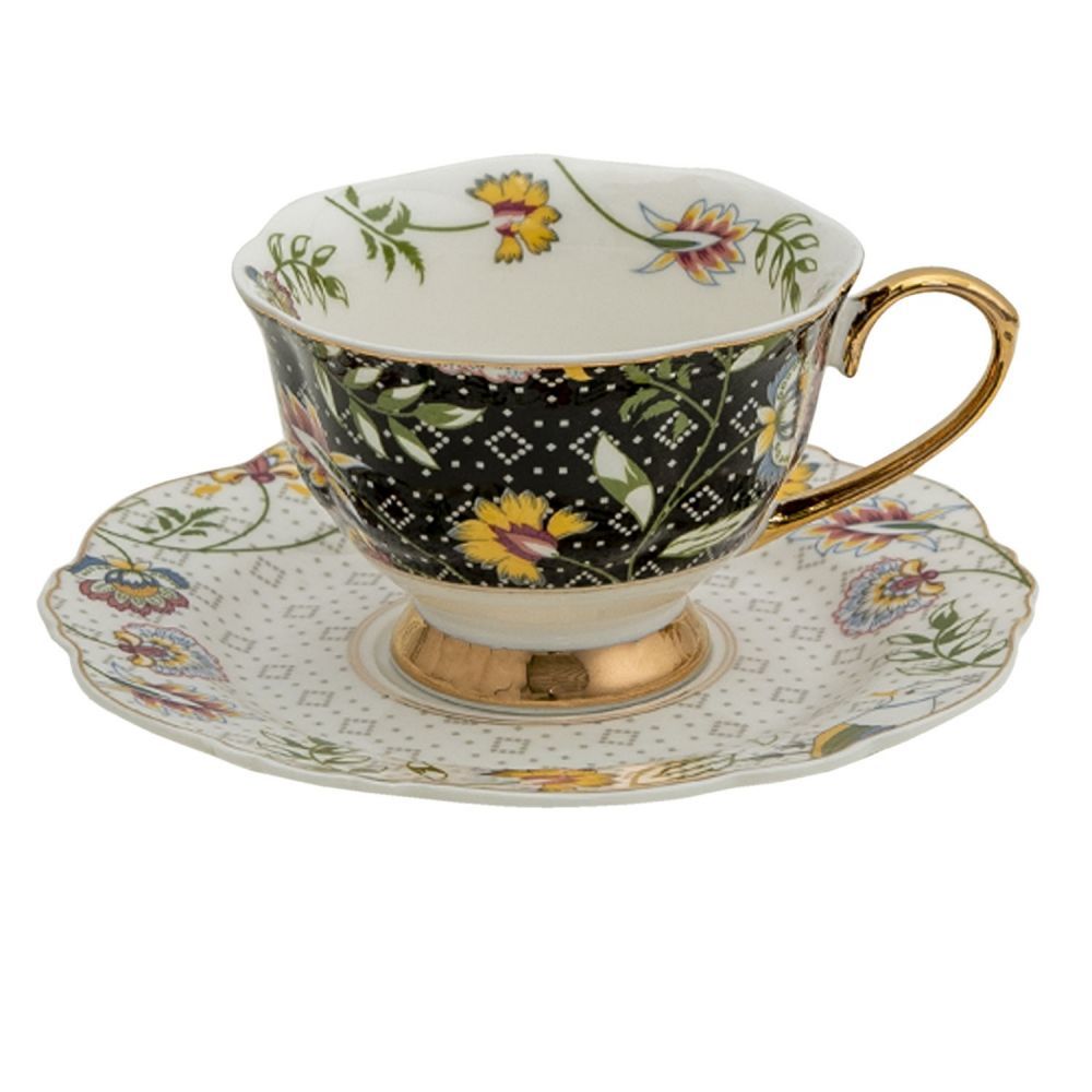 Porcelánový šálek s podšálkem Black Garden - 12*9*6 / Ø 15*2 cm / 200 ml Clayre & Eef - LaHome - vintage dekorace